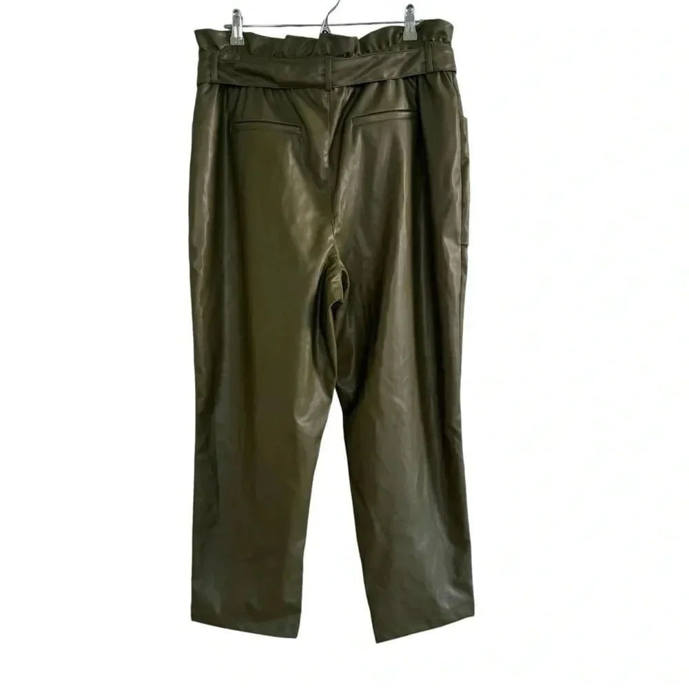 Who What Wear Olive Green Ankle Pants Belted Faux-Leather Paper Bag Trouser 16 - Picture 8 of 14